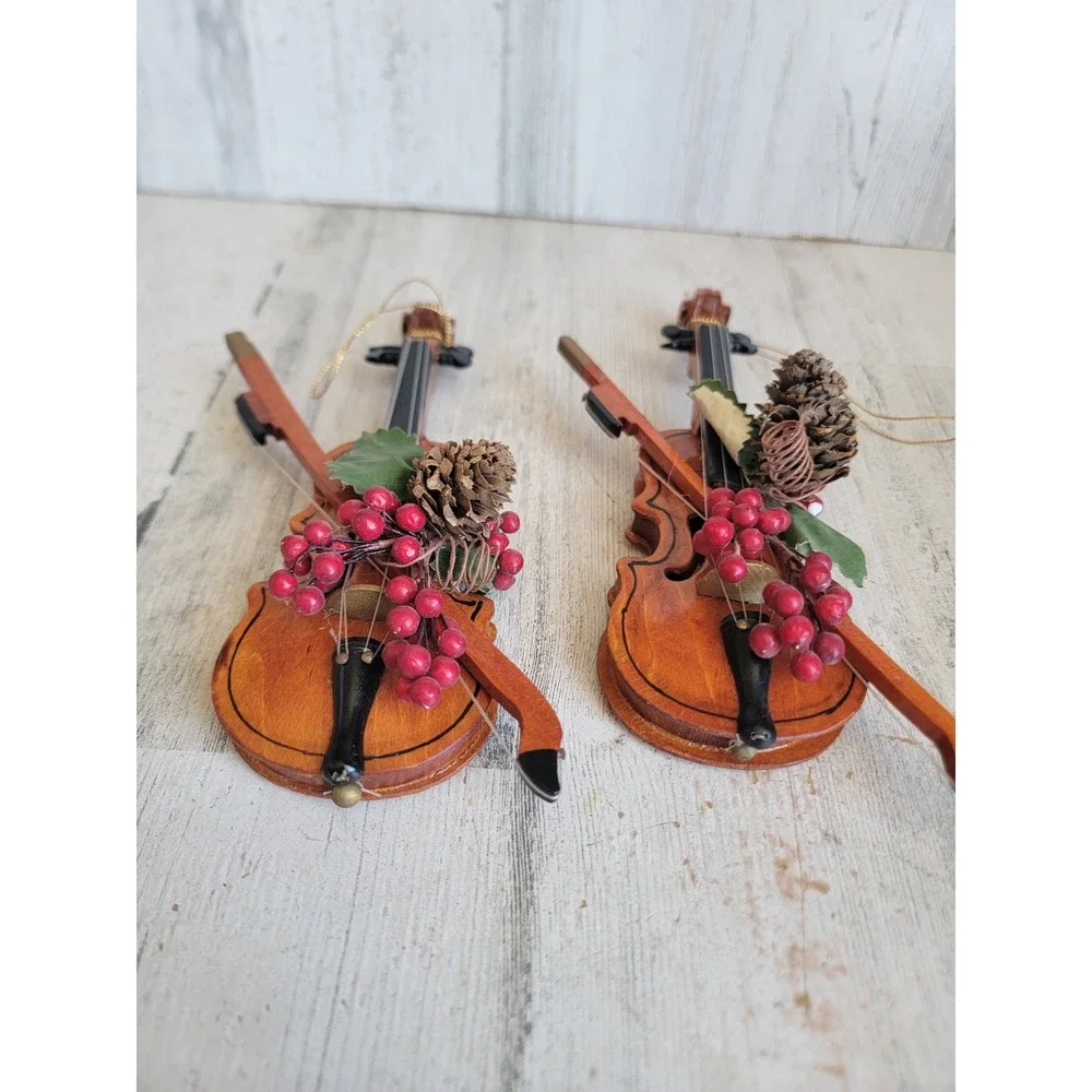 Vintage violin bow cranberry pine cone ornament Xmas wooden set home Cello